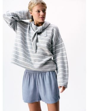 Self Stripe Knitted Sweater With Removable Scarf - Blue
