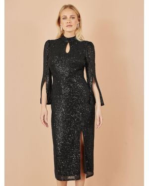 Yumi' Sequin Fitted Midi Dress With Flute Sleeves - Black