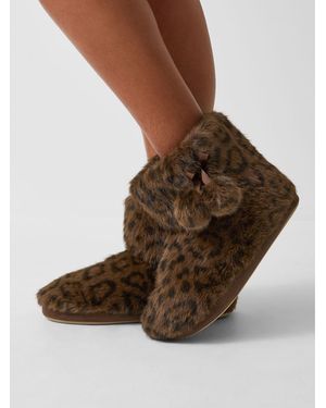 Accessorize Fluffy Leopard Slipper Boots - Brown