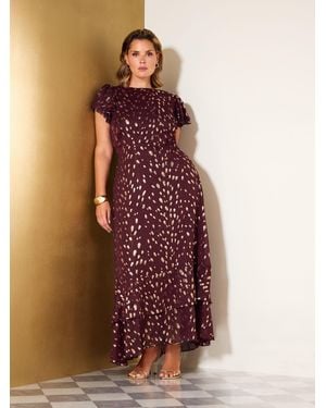 Friends Like These Burgundy Curve Ruffle Short Sleeve Metallic Foil Midi Dress - Purple