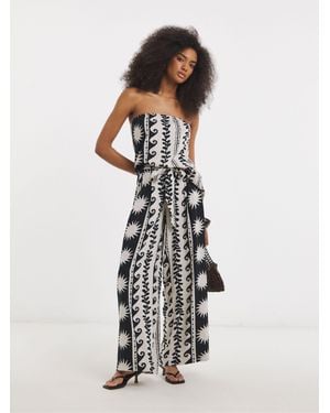 Simply Be Mono Printed Tie Waist Linen Palazzo Pants - White