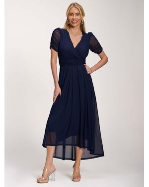 Jolie Moi Petite Mesh Ruched Sleeve Maxi Dress - Blue