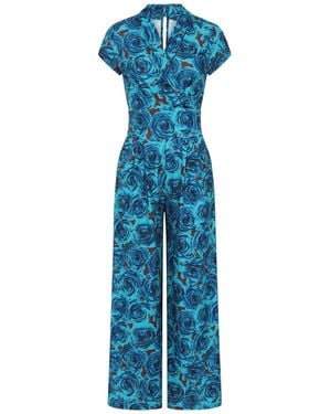 Hot Squash V-Neck Wide Leg Jumpsuit With Cap Sleeves - Blue