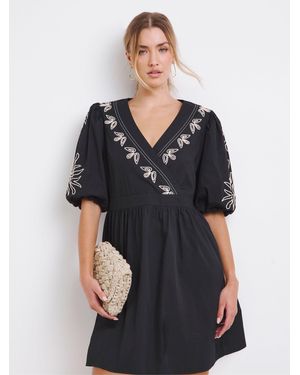 Simply Be Embroidered Poplin Wrap Dress - Black
