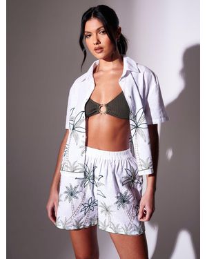 South Beach Sequin Embroidered Palm Tree Short Sleeve Beach Shirt - White