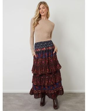 ANOTHER SUNDAY Floral Tiered Maxi Skirt - Brown