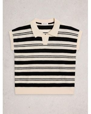 White Stuff Ginni Stripe Linen Polo T-Shirt - Blue