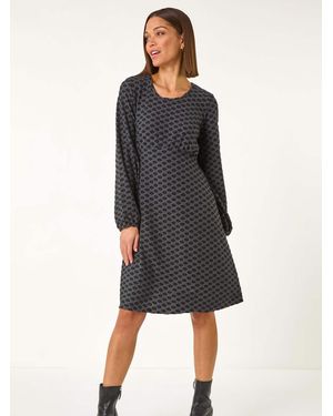 Roman Geometric Flocked Dress - Black