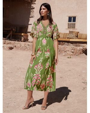 Love & Roses Beaded Kimono Sleeve Midi Dress - Natural
