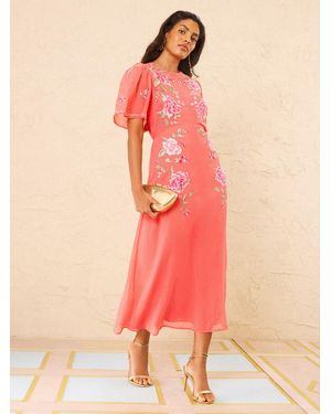 Love & Roses Embroidery Crinkle Chiffon Angel Sleeve Midi Dress - Pink