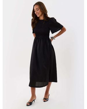 Threadbare Petite Puff Sleeved Shirred Dress - Schwarz