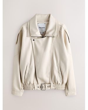 Nothing Ordinary Faux Leather Funnel Collared Biker Jacket - Natural