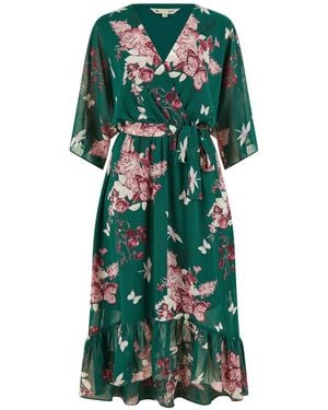 Yumi' Floral Kimono Dipped Hem Dress - Green