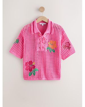 Next Print Cotton Mesh Knit Lace-Up Polo Top - Pink