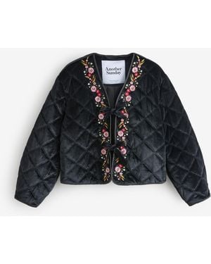 ANOTHER SUNDAY Quilted Velvet Floral Embroidered Jacket - Black