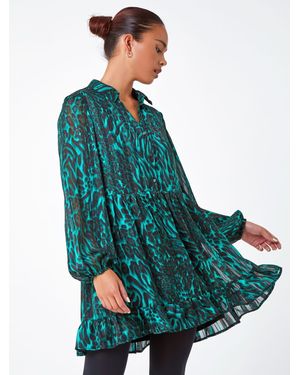Roman Petite Animal Print Frill Hem Dress - Green