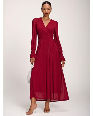 Jolie Moi Long Sleeve Dip Hem Mesh Maxi Dress - Red
