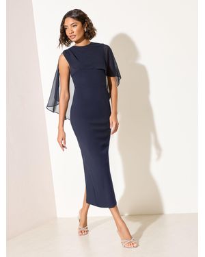 Friends Like These Asymmetric Chiffon Cape Scuba Midi Dress - Blue