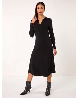 Roman Scallop Detail Knitted Midi Dress - Black