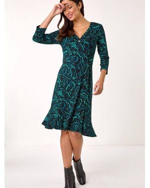 Roman Wave Print Side Button Stretch Dress - Green