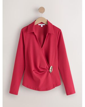 Next Long Sleeve V-Neck Hardware Trim Wrap Blouse - Red