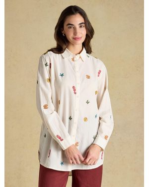 Joules Sophia Embroidered Holiday Icons Longline Cotton Shirt - Natural