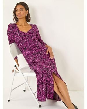 Roman Paisley Print Ruched Midi Stretch Dress - Purple