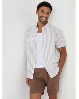 Threadbare Stripe Linen Cotton Blend Short Sleeve Shirt - White