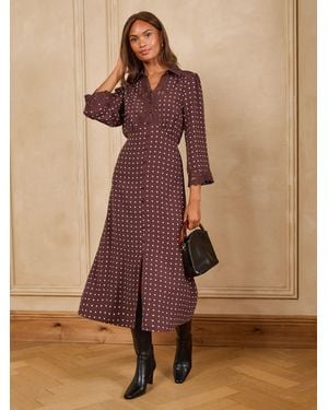 Love & Roses Chocolate Polka Dot Lace Trim Collared Midi Dress - Brown