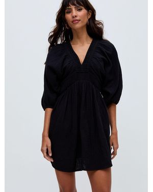Raffya Soipoi Ruched V-Neck Mini Dress - Black