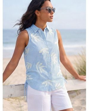 Roman Stripe Leaf Embroidered Button Blouse - Blue