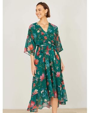 Yumi' Floral Kimono Wrap Dress With Dip Hem - Green