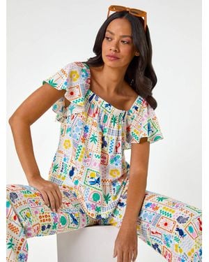 Roman Patchwork Palm Ruffle Shirt - White