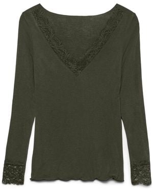Vero Moda Long Sleeve V-Neck Lace Trim Top - Green