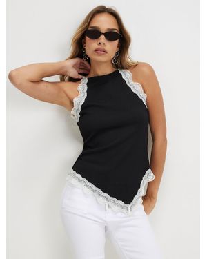 River Island Lace Trim Textured Halter Neck Top - Black