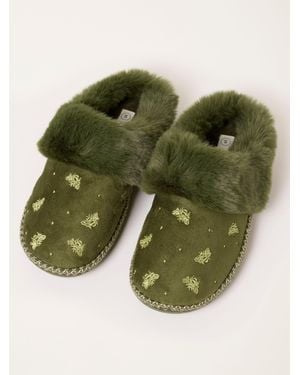 FatFace Fatface Maia Khaki Bee Embroidered Faux Fur Mule Slippers - Green