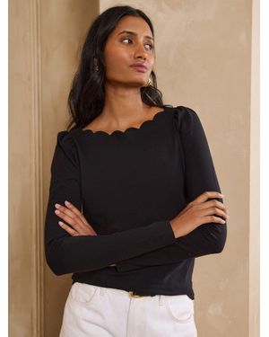 Love & Roses Petite Scallop Boat Neck Long Sleeve Top - Black