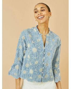 Yumi' Daisy Broderie Shirt With Fluted Sleeves - Blue