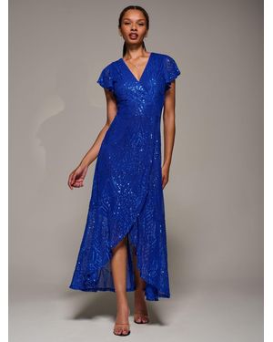 Jolie Moi Frill Short Sleeve Sequin Maxi Dress - Blue