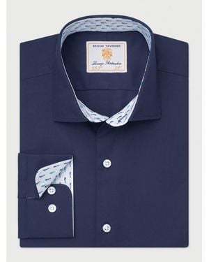 Brook Taverner Tailored Fit Herringbone Stretch Cotton Shirt - Blue
