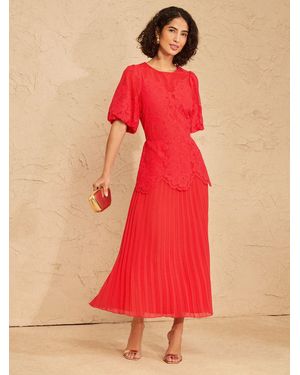 Love & Roses Lace Drop Waist Puff Sleeve Midi Dress - Red