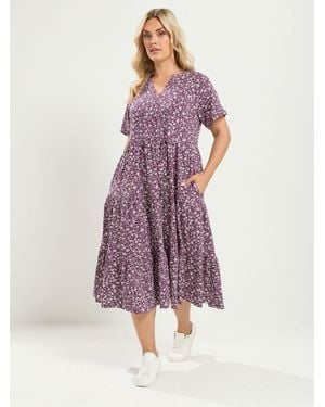 Yours Curve Cotton Tiered Dress - Purple