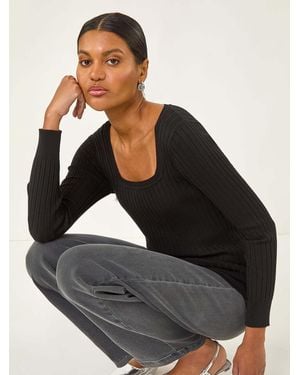 Roman Square Neck Ribbed Knit Sweater - Black