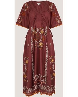 Monsoon Greta V-Neck Short Sleeve Embroidered Cotton Midi Dress