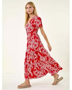 Roman Leaf Print Shirred Maxi Dress