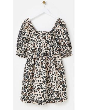 Oliver Bonas Mini Leopard Print Embroidered Puff 100% Cotton Sleeve Dress - White