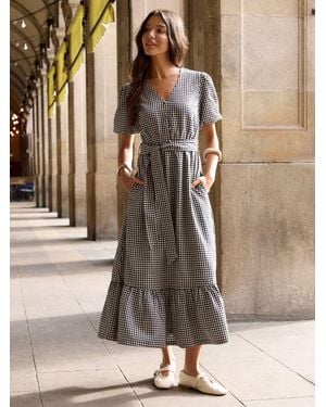 Threadbare Gingham Tiered Hem Puff Sleeve Maxi Dress - Brown