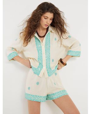 River Island Short Sleeve Sequin Embellished Beach Shirt - Natural