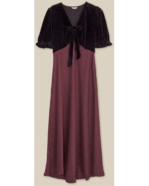 Monsoon Fiona Puff Sleeve Velvet Satin Midi Dress - Red