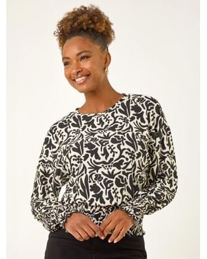 Roman Abstract Print Stretch Top - Black